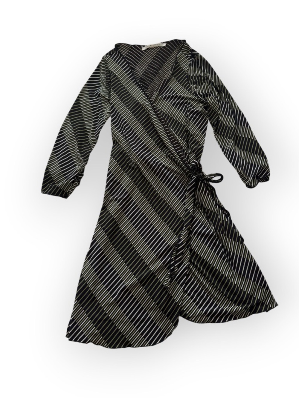 Max Studio Black, Green, White Striped Wrap Midi Dress